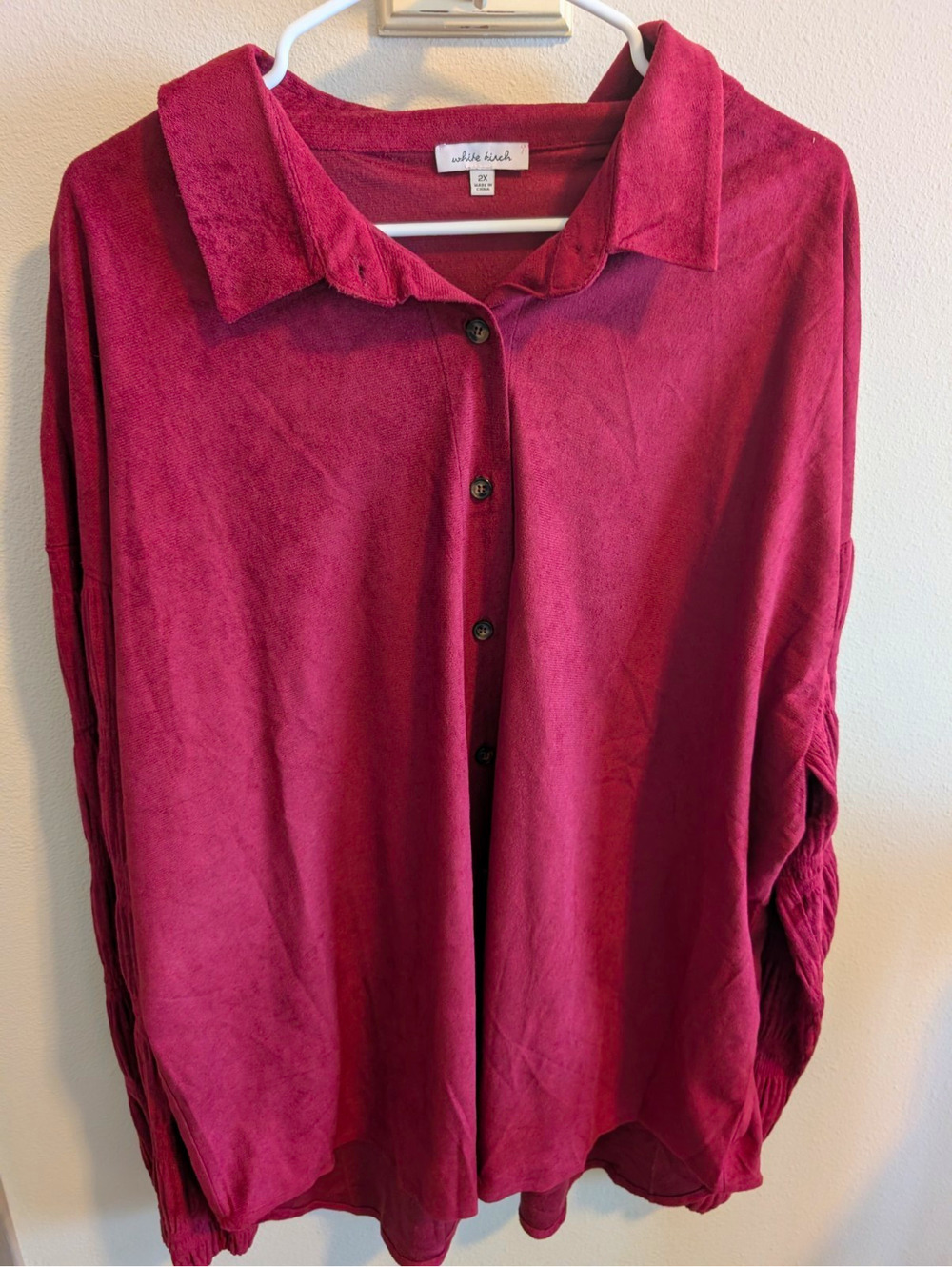 White Birch Women's 2X Burgundy velour solid button up plus size top autumn